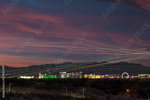 Canvas Print Las Vegas with night air traffic light trail