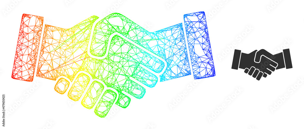 Network handshake carcass icon with spectral gradient. Bright frame network handshake icon. Flat frame created from handshake pictogram and intersected lines.