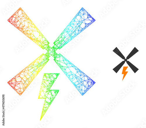 Mesh net wind electric generation model icon with rainbow gradient. Colored carcass mesh wind electric generation icon. Flat mesh created from wind electric generation symbol and crossing lines.