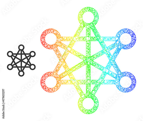 Crossing mesh star network carcass illustration with rainbow gradient. Bright carcass net star network icon. Flat carcass created from star network icon and crossing lines.