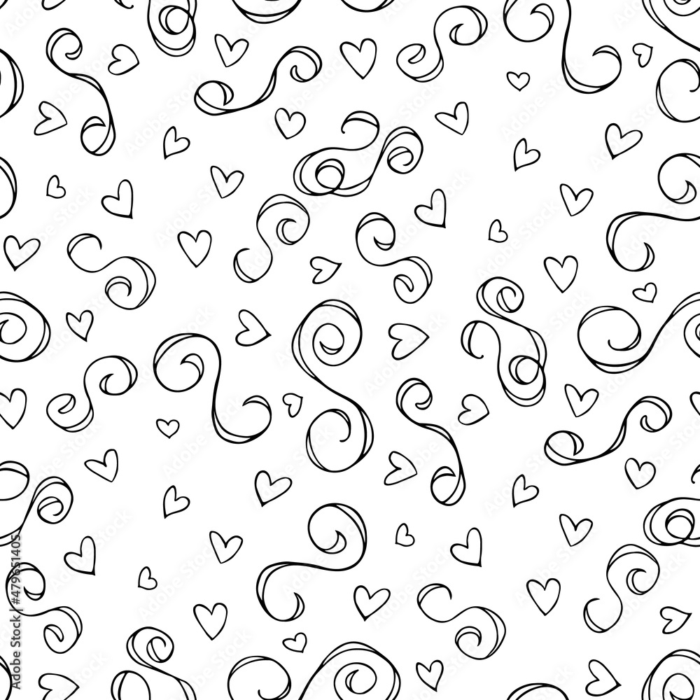 Wavy and swirling brush strokes of vector seamless pattern with hearts