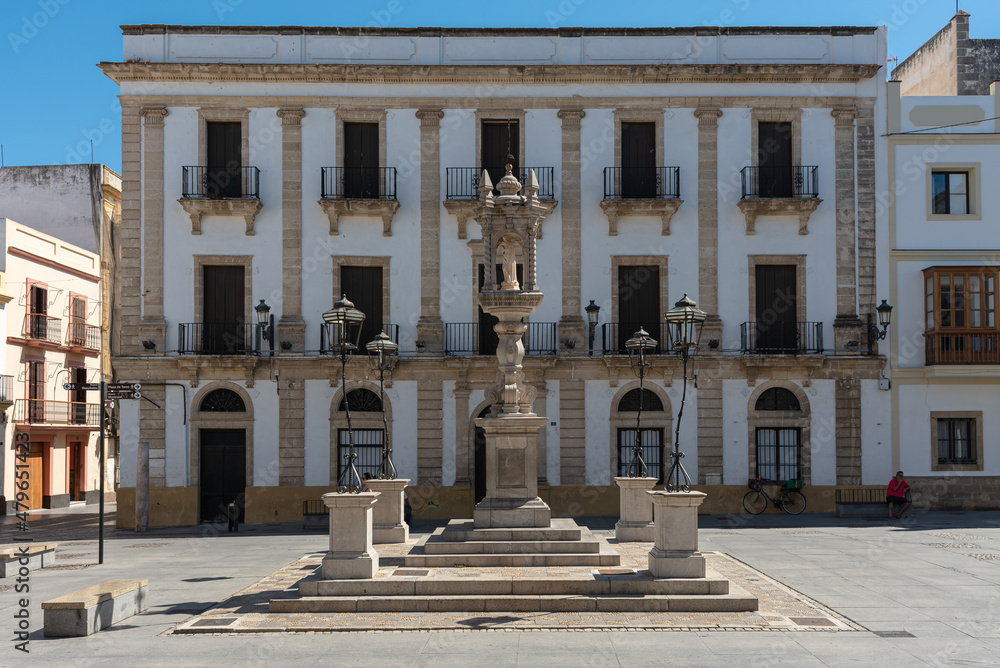 Historic buildings in Plaza de España in the old town of El Puerto de Santa Maria on a summer day, Cadiz, Andalusia, Spain