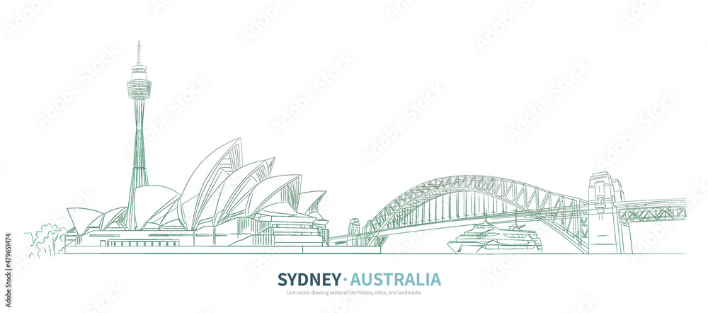 Naklejka premium Sydney cityscape line drawing vector. sketch style Australia landmark illustration 