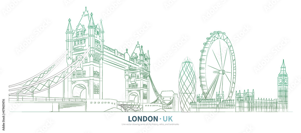 London cityscape line drawing vector. sketch style United kingdom landmark illustration  - obrazy, fototapety, plakaty 