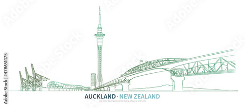 Auckland cityscape line drawing vector. sketch style New zealand landmark illustration 