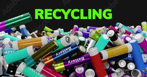 Large amount of different generic AA batteries falling down and moving, revealing Recycling sign. Realistic 3D Rendering animation photo