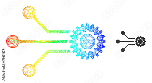 Crossing mesh micro mechanics wireframe icon with spectrum gradient. Colored carcass mesh micro mechanics icon. Flat carcass created from micro mechanics icon and crossed lines.