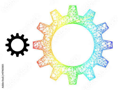 Net mesh gearwheel wireframe icon with spectral gradient. Bright carcass mesh gearwheel icon. Flat carcass created from gearwheel symbol and crossed lines.
