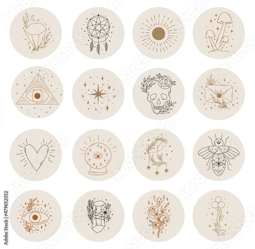 Big set of social media highlight covers. Mid century mystical line art objects. Hand drawn templates.