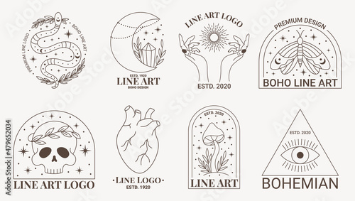 Boho mystic doodle esoteric logo set. Magic line art icon with moth, moon, skull, hand, sun, heart, moon