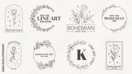 Boho mystic doodle esoteric logo set. Magic line art icon with floral, flower frame, rose, tulip, wreath