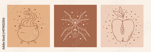 Boho mystic doodle esoteric set. Magic line art poster with cauldron, spider, apple.