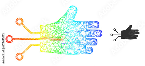 Network mechanical hand carcass icon with rainbow gradient. Colorful carcass network mechanical hand icon. Flat carcass created from mechanical hand pictogram and crossed lines.