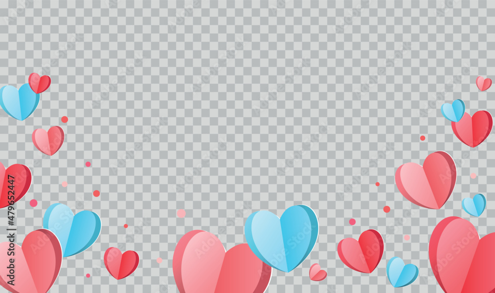 Red, pink and blue hearts on transparent background. Vector illustration. Paper cut decorations for Valentine's day design