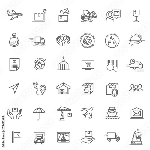 Collections of icons representing shipping, logistics, customer service, refunds and more