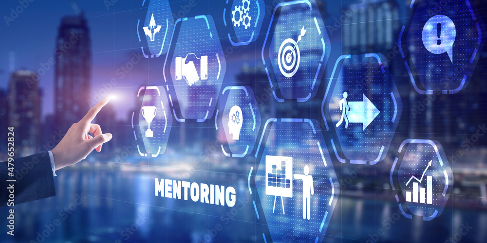 Businessman pressing inscription Mentoring. Training Personal development education coaching concept Businessman pressing inscription Mentoring. Training Personal development education coaching concept