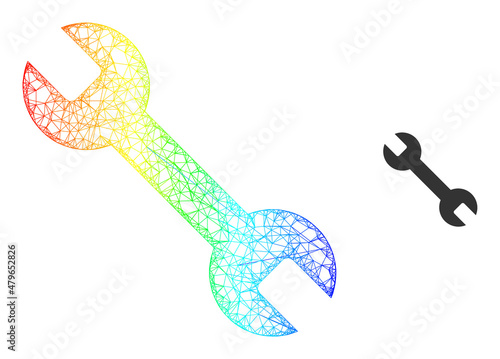 Net mesh spanner wireframe icon with spectral gradient. Vibrant carcass net spanner icon. Flat mesh created from spanner pictogram and intersected lines.