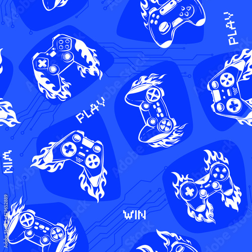 Abstract seamless game pad pattern on blue technology background. Gamer repeat print for boy, textile, wrapping paper