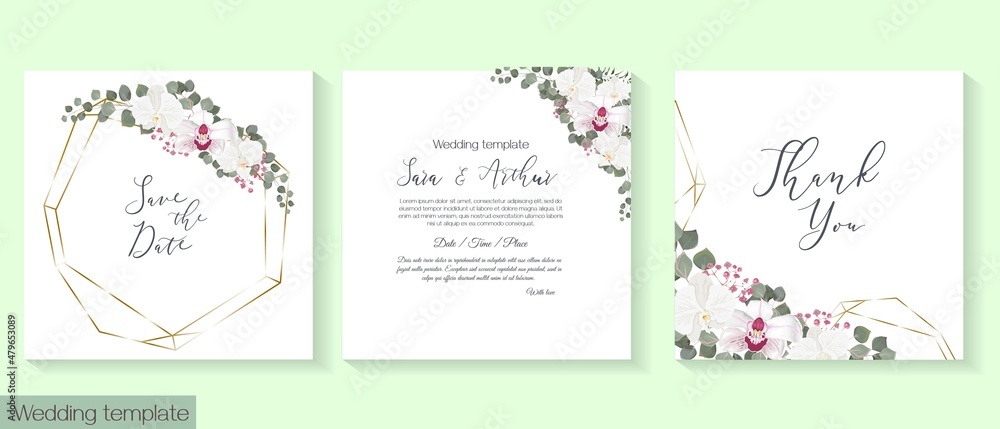 Floral design for wedding invitations. White orchid, eucalyptus, dense greenery, green plants and leaves, polygonal frame. Vector template for a postcard. Invitation card, thanks.ration