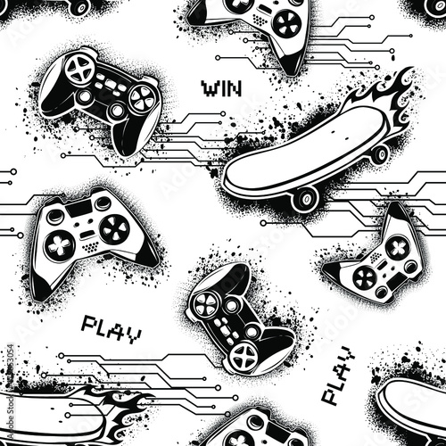 Abstract seamless gamepads pattern. Teenagers repeat print for sport textile, clothes, wrapping paper. Skateboards repeated ornament.