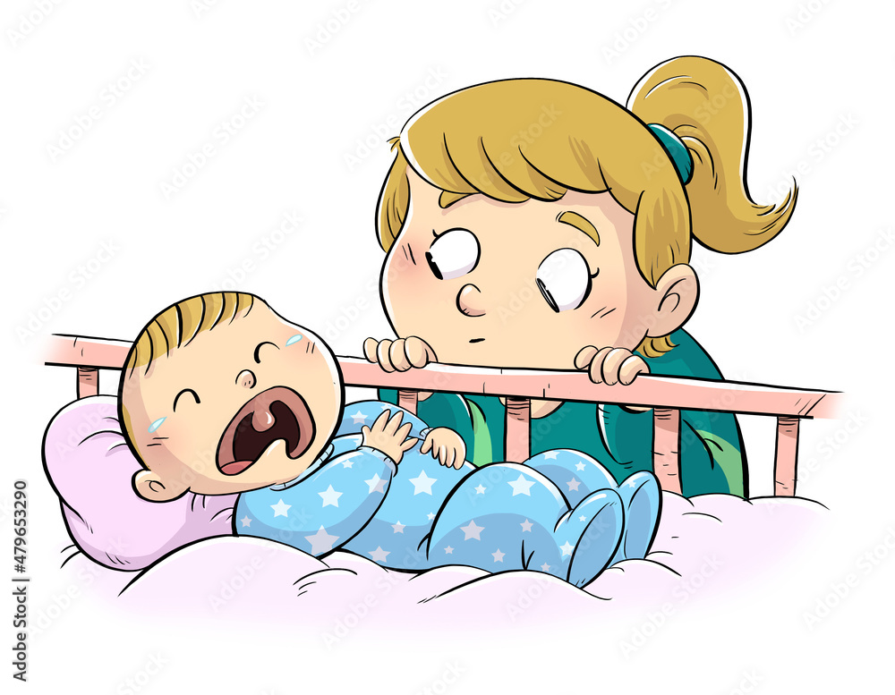 Illustration of baby crying while her sister looks at her - obrazy, fototapety, plakaty 
