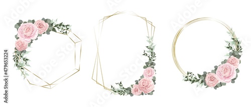 Vector set of floral frames. Pink roses, eucalyptus, green leaves and plants, golden frames. Template for wedding design