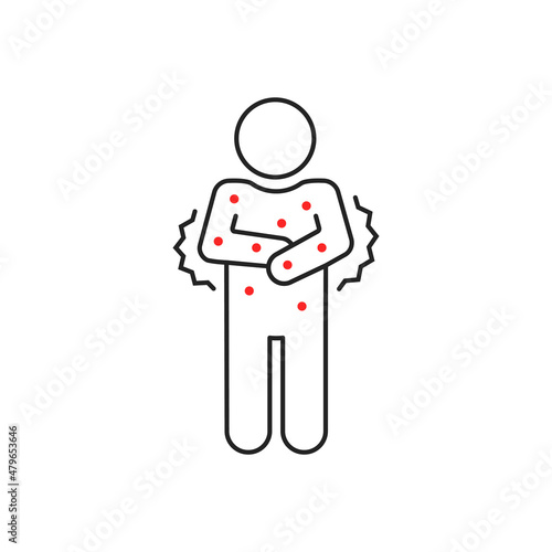 thin line human stick figure with red rash on body