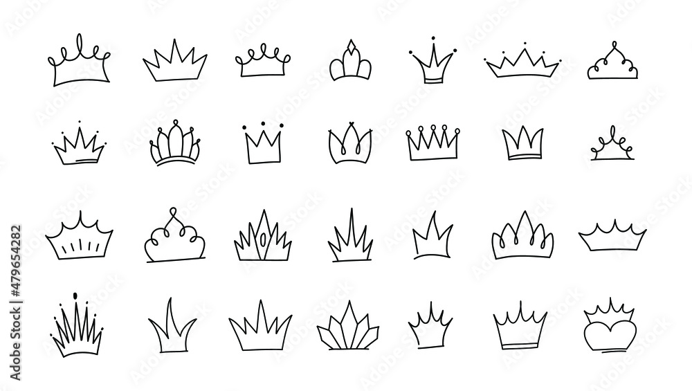 Cute doodle set of princess crown elements. Hand drawn vector illustration. Birthday, New Year's wedding elements for greeting cards, posters, stickers decoration decor. Isolated on white background Cute doodle set of princess crown elements. Hand drawn vector illustration. Birthday, New Year's wedding elements for greeting cards, posters, stickers decoration decor. Isolated on white background