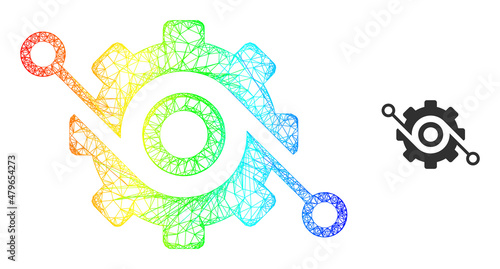 Mesh net smart gear carcass icon with rainbow gradient. Colorful carcass mesh smart gear icon. Flat model created from smart gear icon and crossed lines.