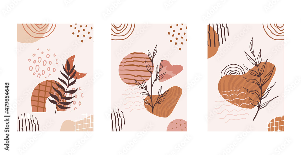 Set of compositions with leaves abstract and shapes, textures. Trendy collage for design in an ecological style. Abstract Plant Art design for print, cover, wallpaper.
