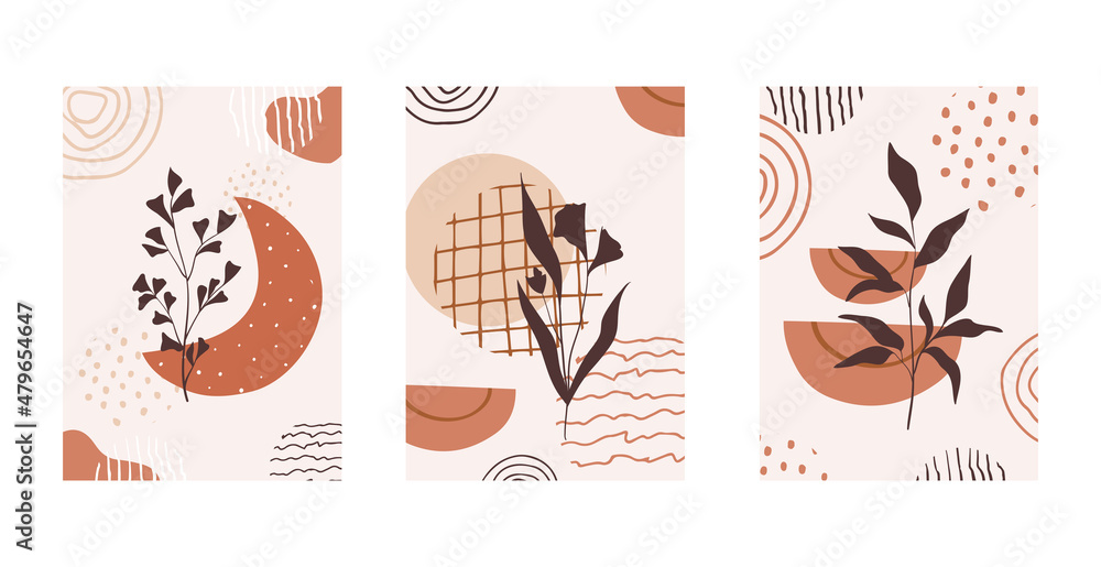 Set of compositions with leaves abstract and shapes, textures. Trendy collage for design in an ecological style. Abstract Plant Art design for print, cover, wallpaper.