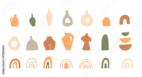 Hand drawn vases and rainbow trendy design, big set boho style.