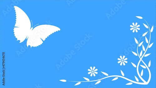 Blue background with leaves and flowers and a butterfly