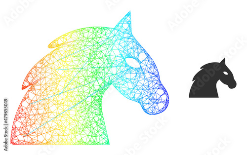 Network horse head model icon with rainbow gradient. Colored carcass network horse head icon. Flat mesh created from horse head icon and crossing lines.