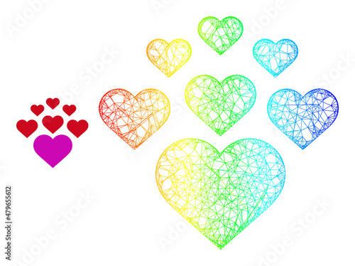 Network lovely hearts carcass illustration with spectral gradient. Colorful carcass network lovely hearts icon. Flat carcass created from lovely hearts icon and intersected lines.