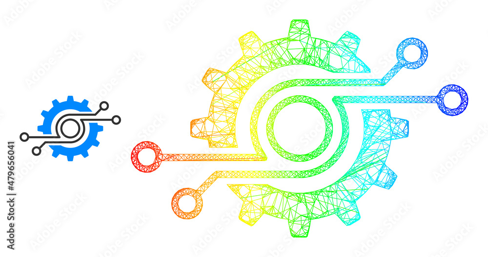 Net mesh gear chip model icon with spectrum gradient. Vibrant carcass net gear chip icon. Flat framework created from gear chip icon and intersected lines.