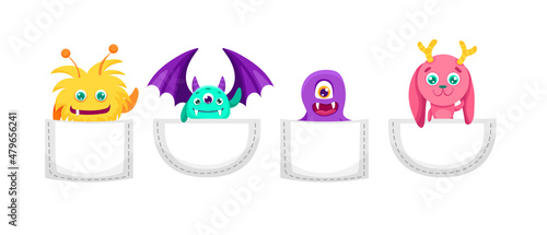 Cute Cartoon monsters in pocket. Scary and funny creature set for Halloween design or t-shirt print. Vector flat colorful illustration