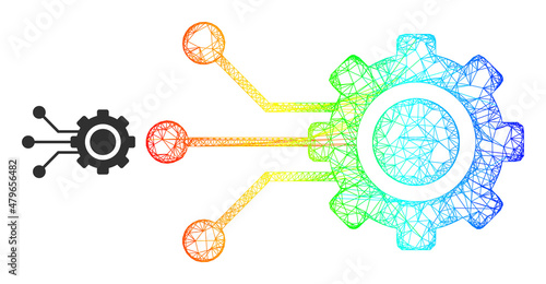 Network gear connectors carcass icon with rainbow gradient. Bright carcass network gear connectors icon. Flat model created from gear connectors pictogram and crossing lines.