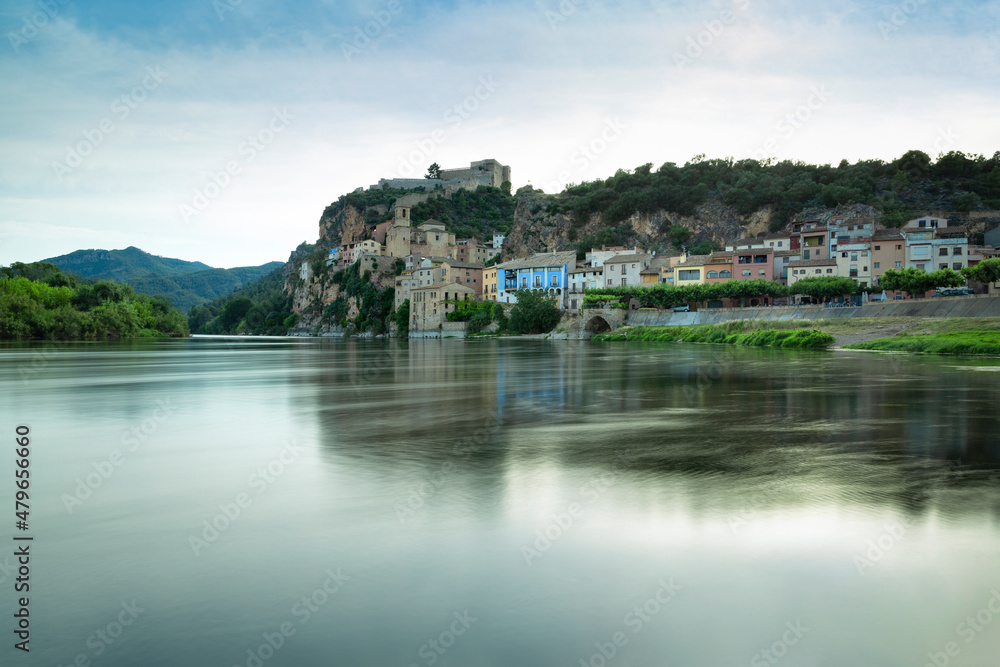 View of the Ebro river and the village of Miravet in the province of Tarragona. Catalonia, Spain. Rural tourism.