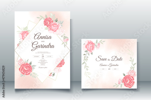 Elegant wedding invitation cards template with pink and blush roses design Premium Vector