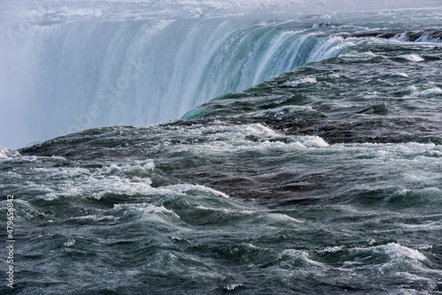 A close up of the water at the edge of the Horseshoe Falls in Niagara Falls Ontario Canada.