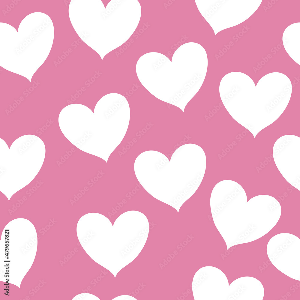 Pink background and white hearts. Seamless vector.
