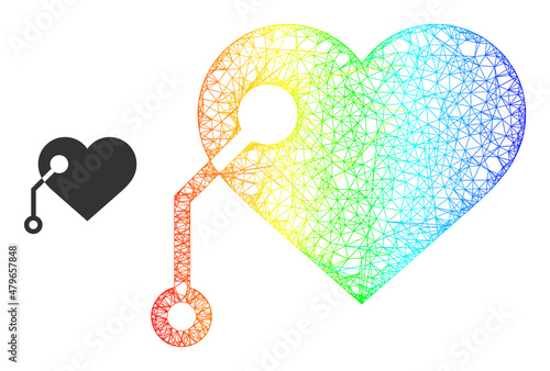 Mesh net pacemaker frame icon with spectrum gradient. Bright frame net pacemaker icon. Flat model created from pacemaker icon and crossed lines.