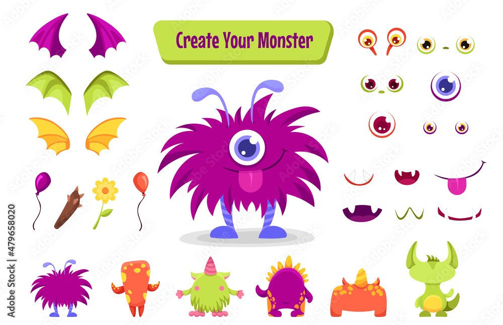 Monster creation set for building different creatures with wings, horns, tails and accessories. Spooky funny avatars constructor for Halloween. Vector cartoon flat illustration. Monster creation set for building different creatures with wings, horns, tails and accessories. Spooky funny avatars constructor for Halloween. Vector cartoon flat illustration.