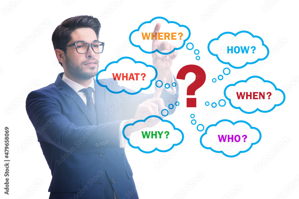Concept of many different questions asked with businessman Concept of many different questions asked with businessman