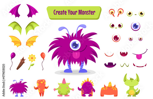 Monster creation set for building different creatures with wings, horns, tails and accessories. Spooky funny avatars constructor for Halloween. Vector cartoon flat illustration.