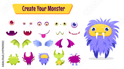 Monster creation set for building different creatures with wings, horns, tails and accessories. Spooky funny avatars constructor for Halloween. Vector cartoon flat illustration.