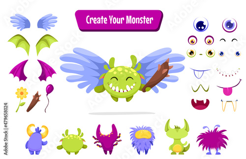 Fototapeta Naklejka Na Ścianę i Meble -  Monster creation set for building different creatures with wings, horns, tails and accessories. Spooky funny avatars constructor for Halloween. Vector cartoon flat illustration.