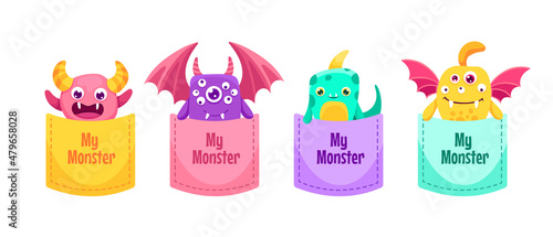 Cute Cartoon pocket monster set with hand drawn colorful elements. Scary and funny creatures for your design, children or halloween concept, t-shirt print. Vector flat colorful illustration