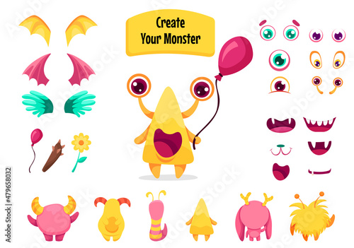 Create your Monster and collect cute aliens and funny creatures. Cartoon character creation kit with all elements and body parts. Vector children illustration
